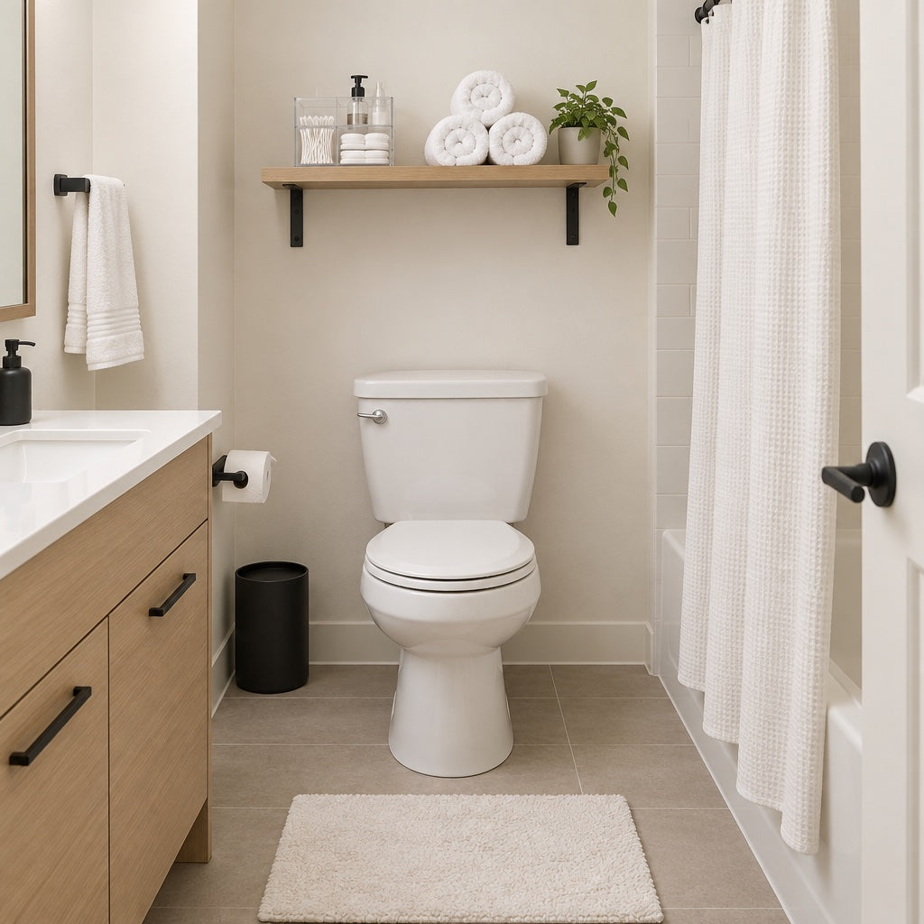 Small bathroom with a wall shelf above the toilet holding rolled towels and an organiser