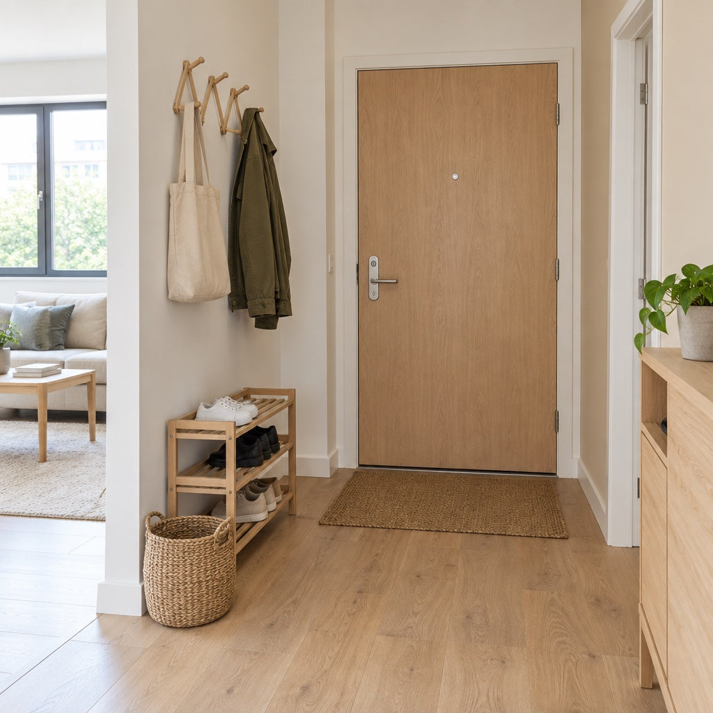 Hallway with wall hooks holding a tote bag and a jacket, a doormat, a shoe rack and a basket