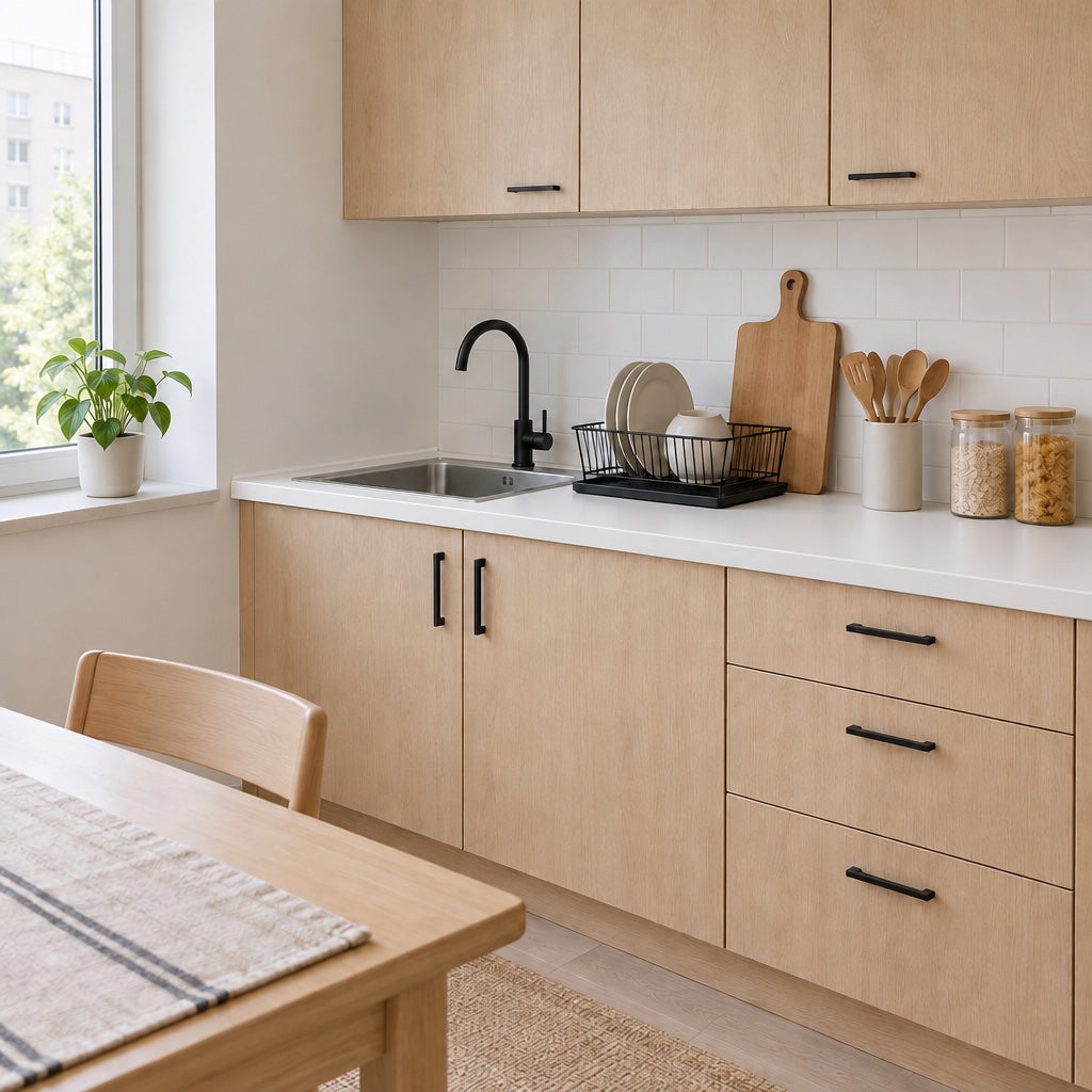 Kitchen counter with a wooden utensil set, a cutting board, a dish rack and storage jars