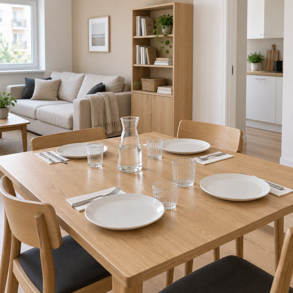 Dining table set with plates, ribbed glasses, a carafe of water and napkins