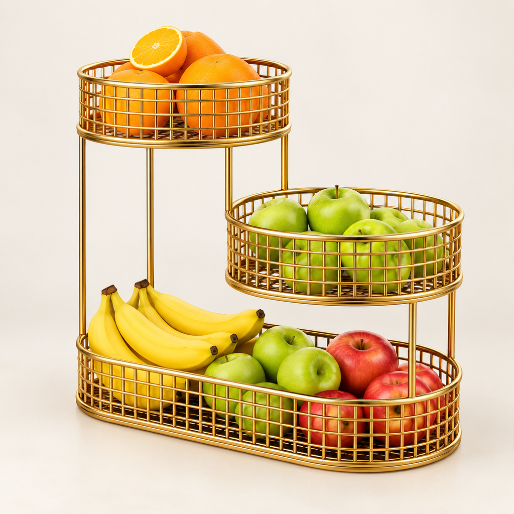 3-tier wire fruit basket stand in gold