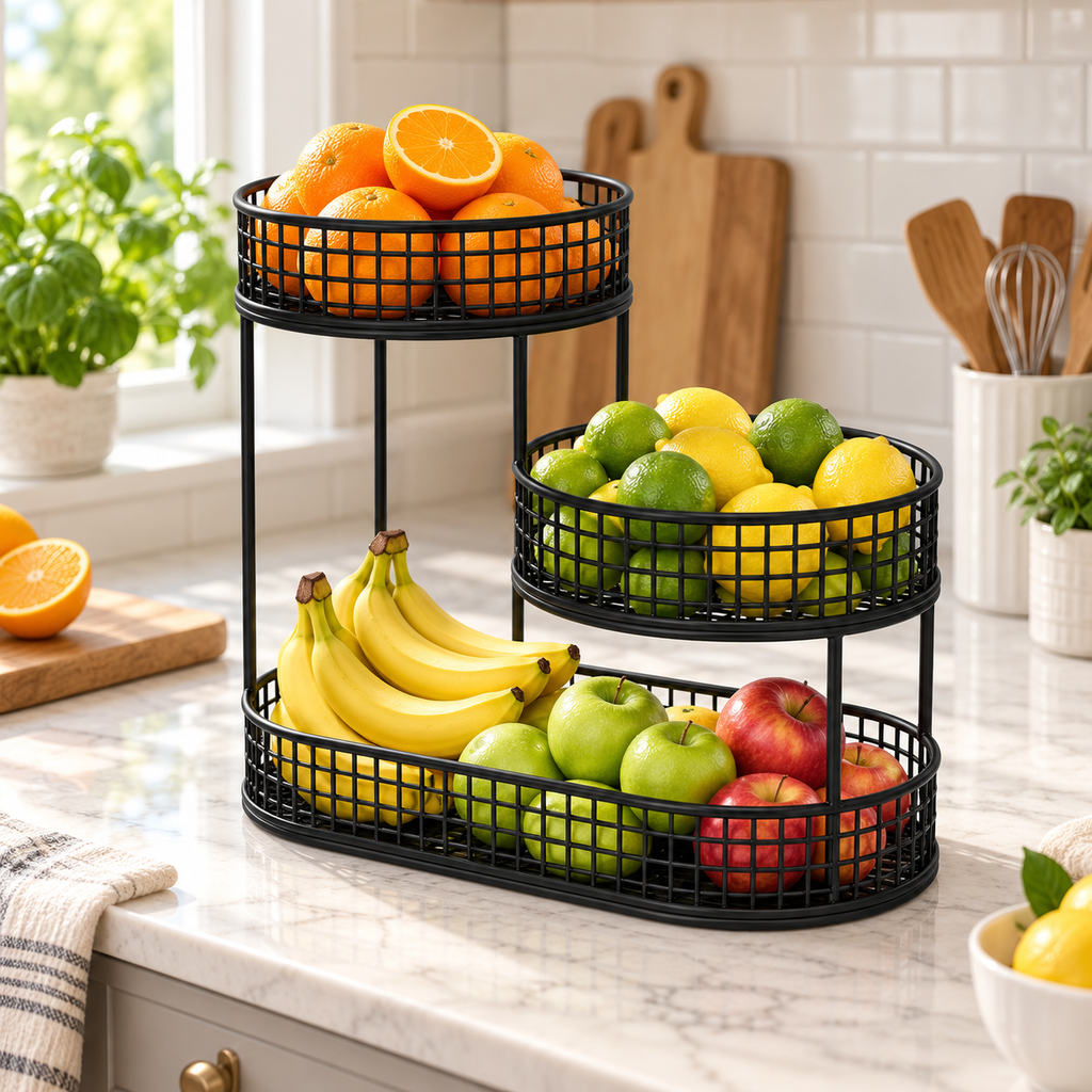 3-tier wire fruit basket stand in black