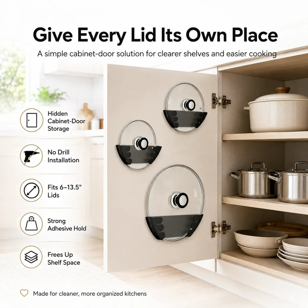 adhesive pot lid holders for cabinet doors in black