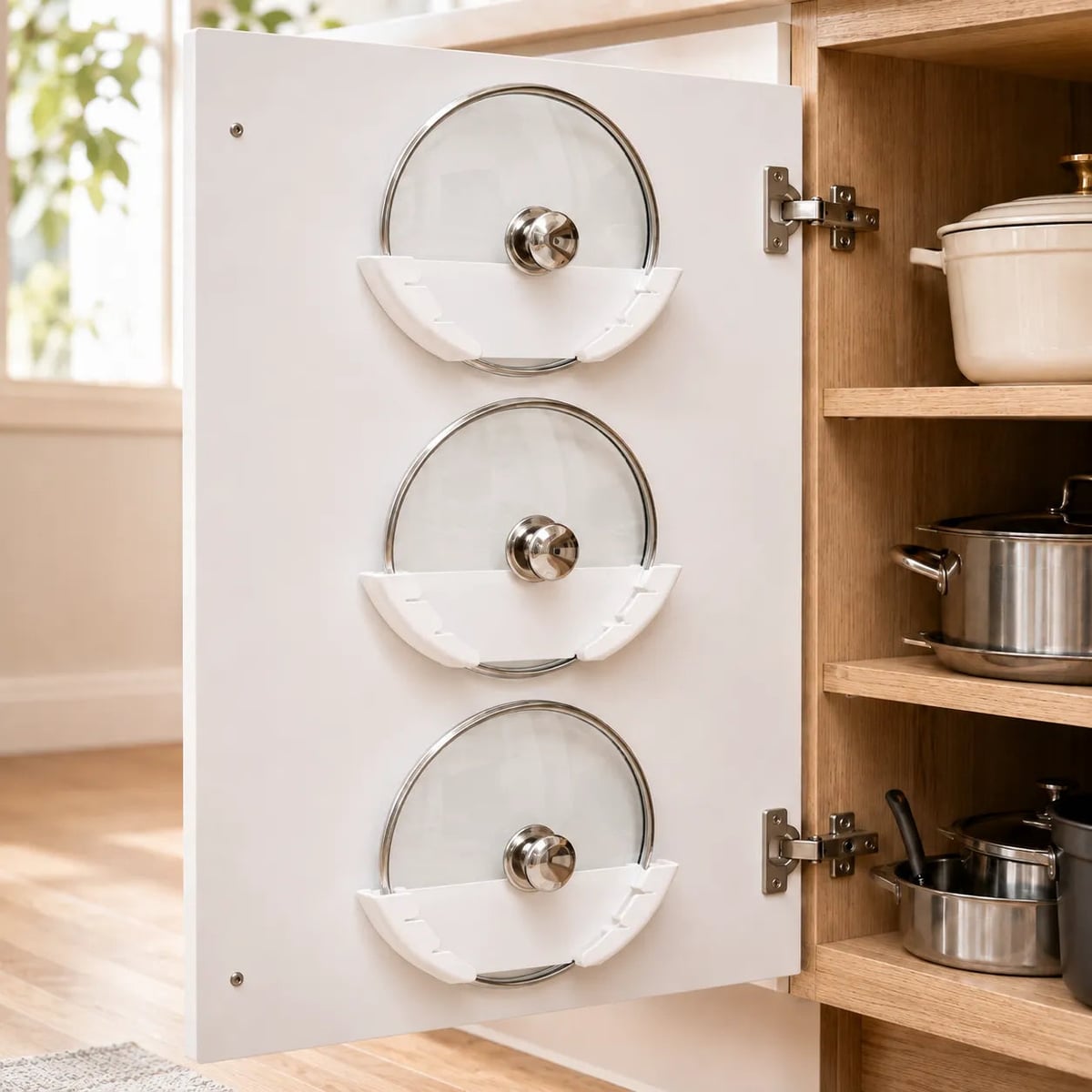 adhesive pot lid holders for cabinet doors in white