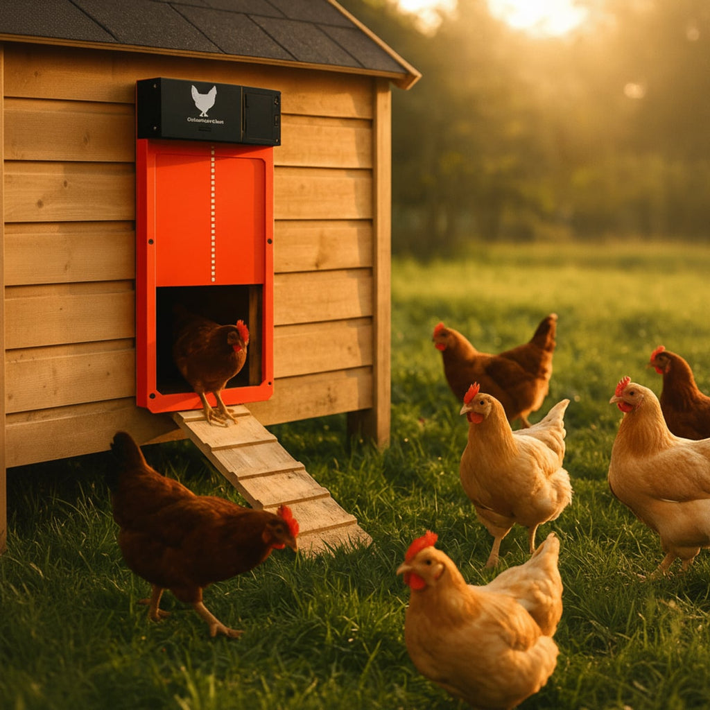 automatic chicken coop door with light sensor in red