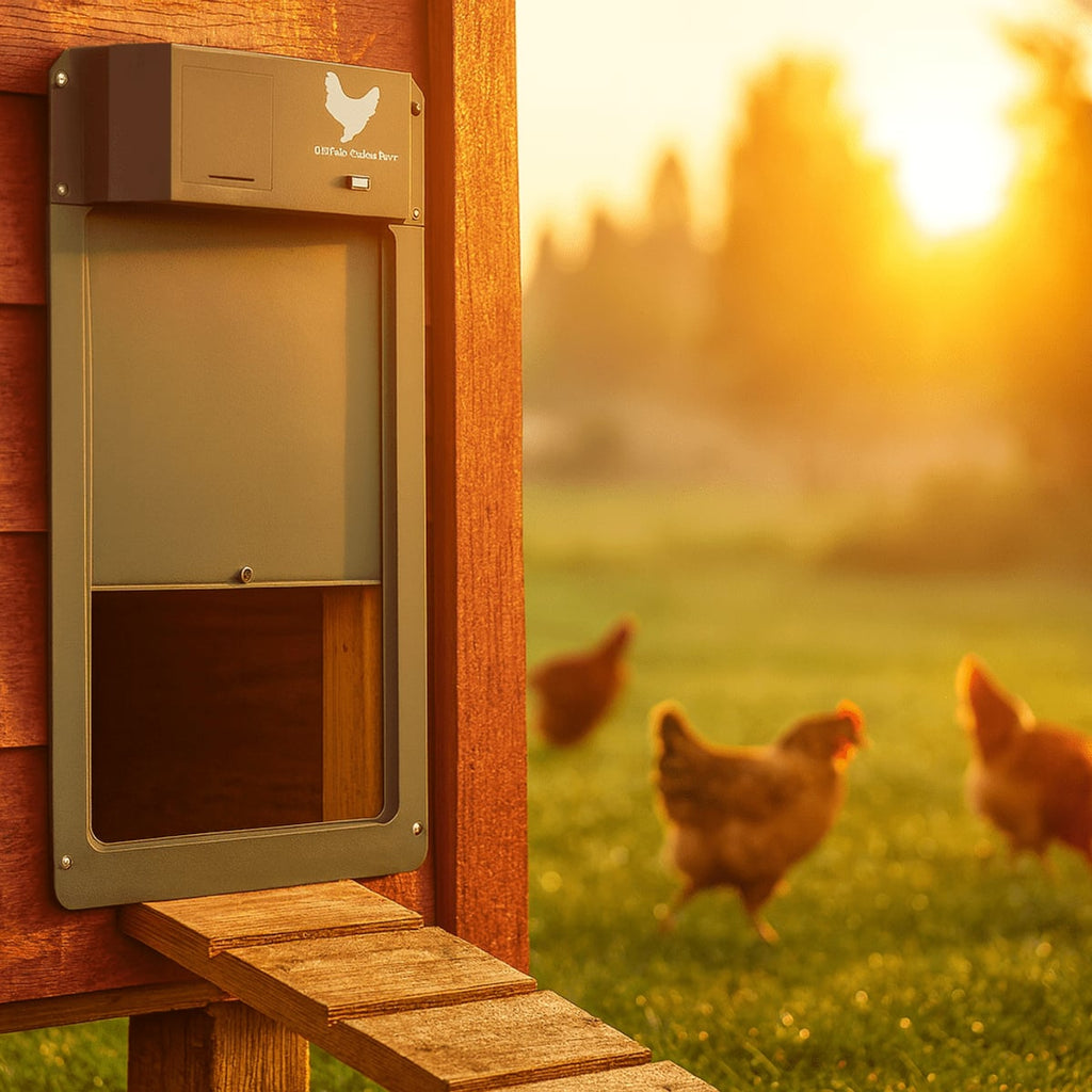automatic chicken coop door with light sensor in brown