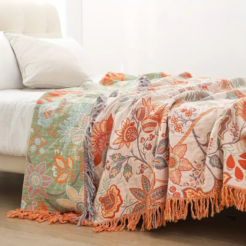 boho floral throw blanket with fringe