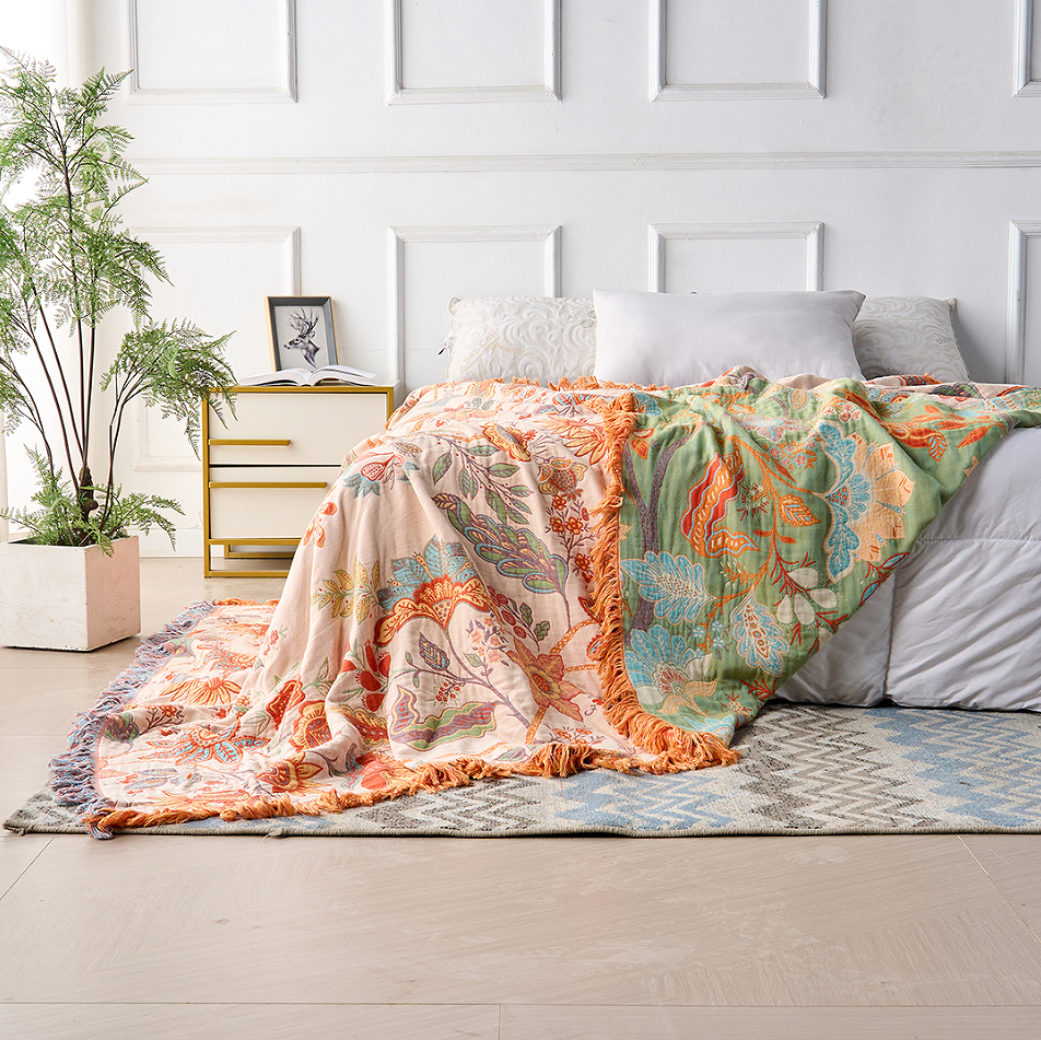 boho floral throw blanket with fringe