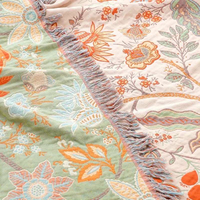 boho floral throw blanket with fringe