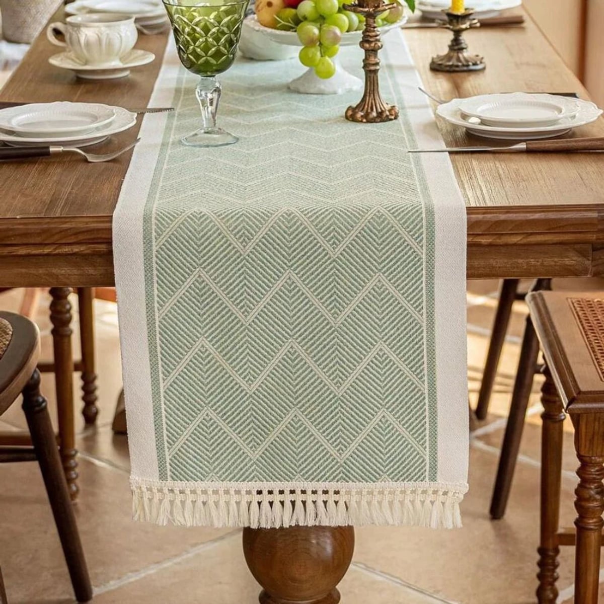 boho tassel table runner in green