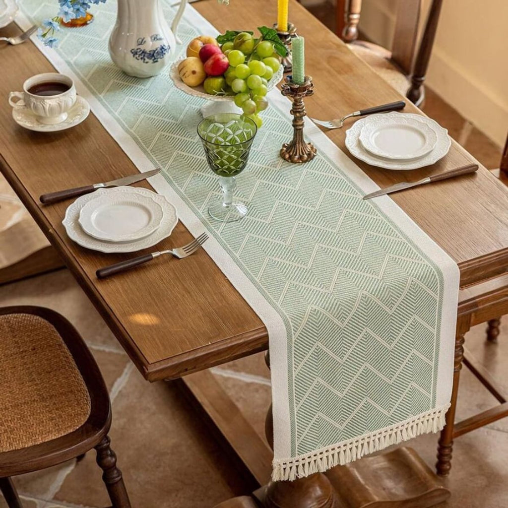 boho tassel table runner in green