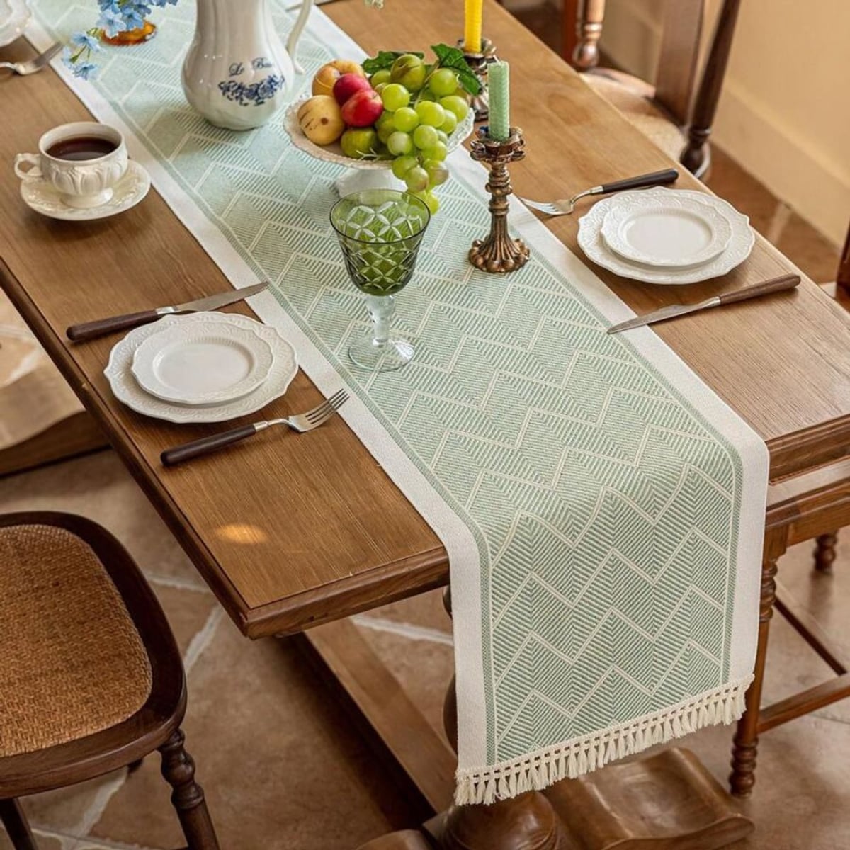 boho tassel table runner in green