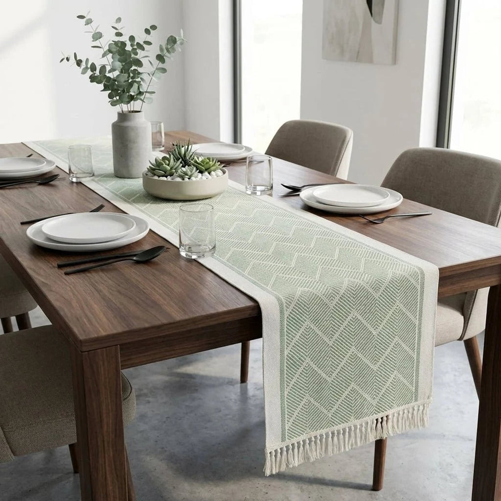 boho tassel table runner in green