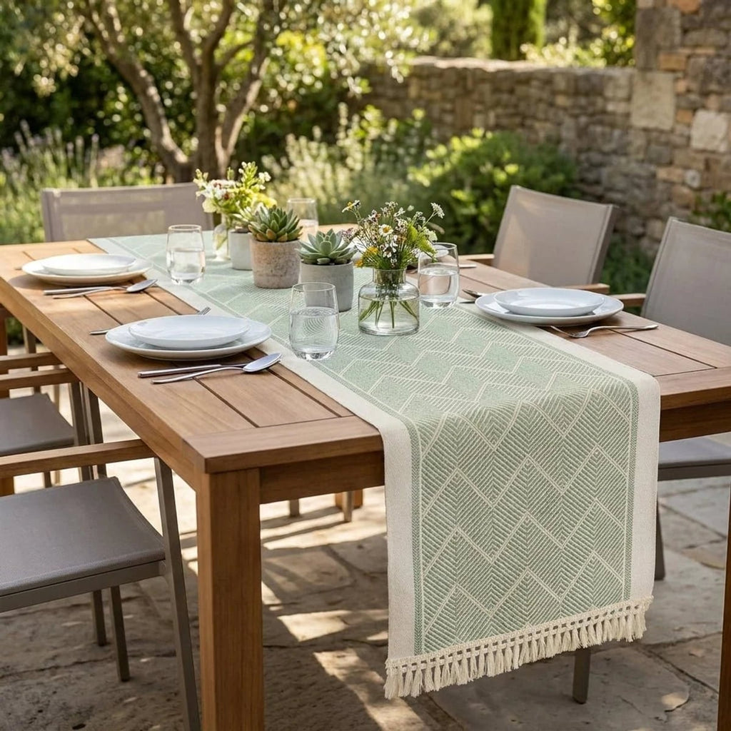 boho tassel table runner in green