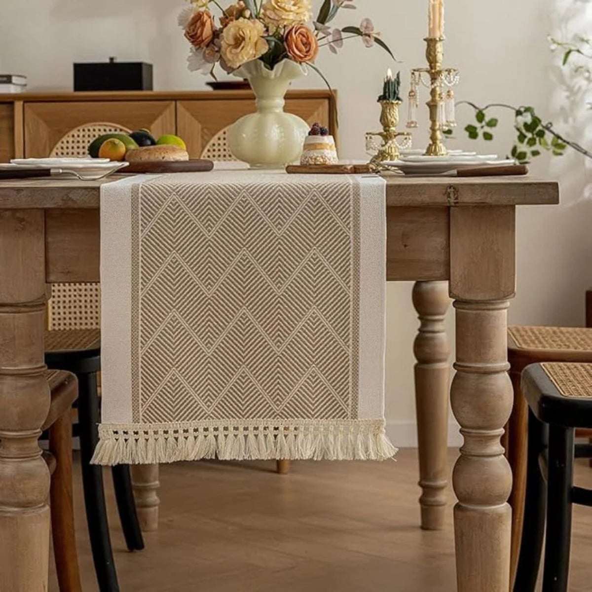 boho tassel table runner in khaki