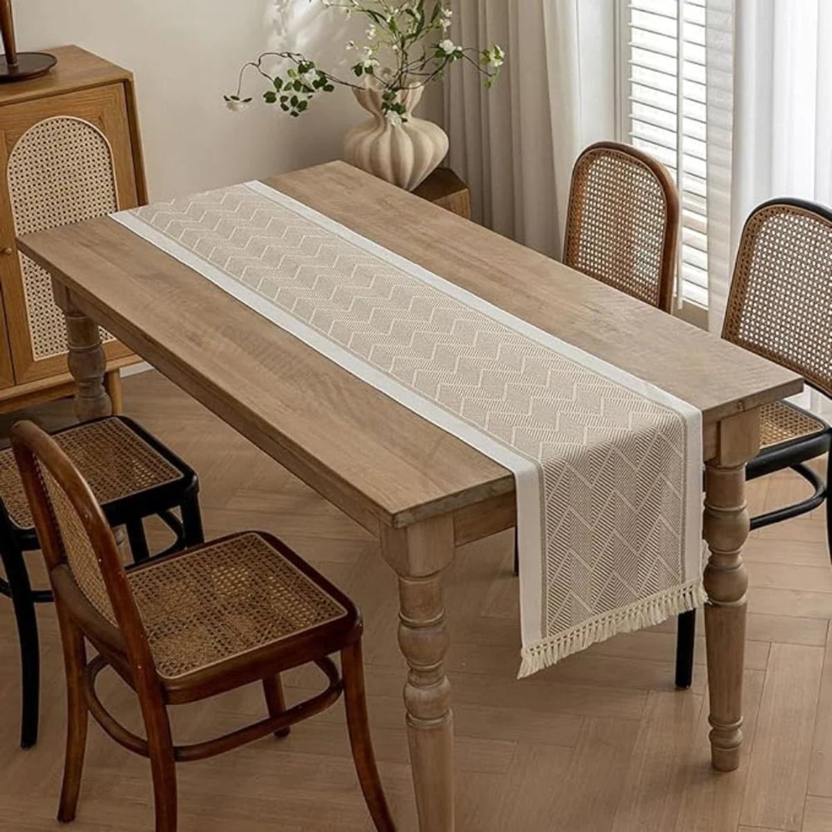 boho tassel table runner in khaki