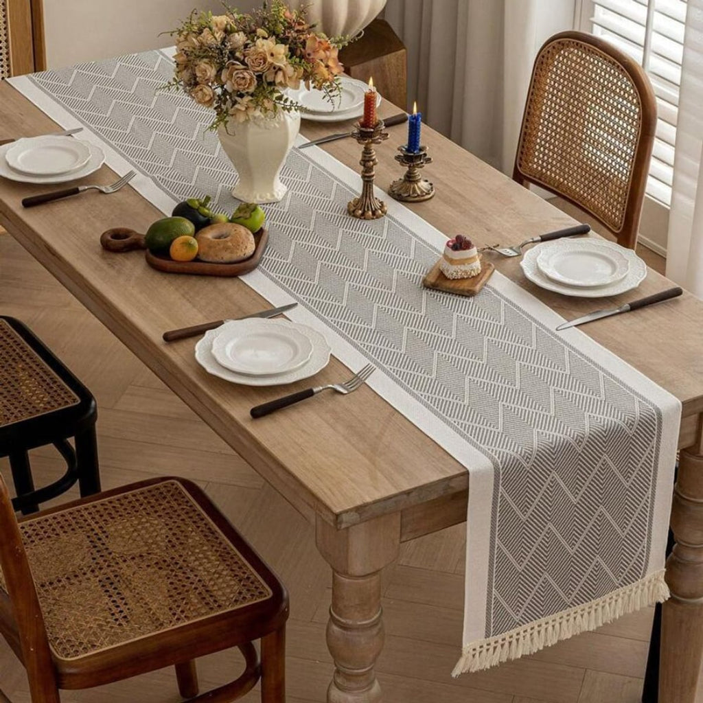 boho tassel table runner in grey