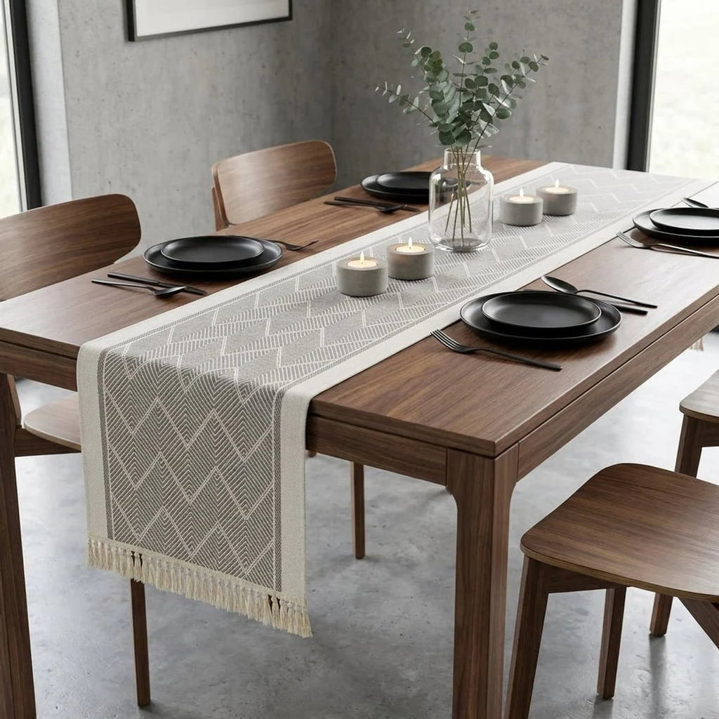 boho tassel table runner in grey