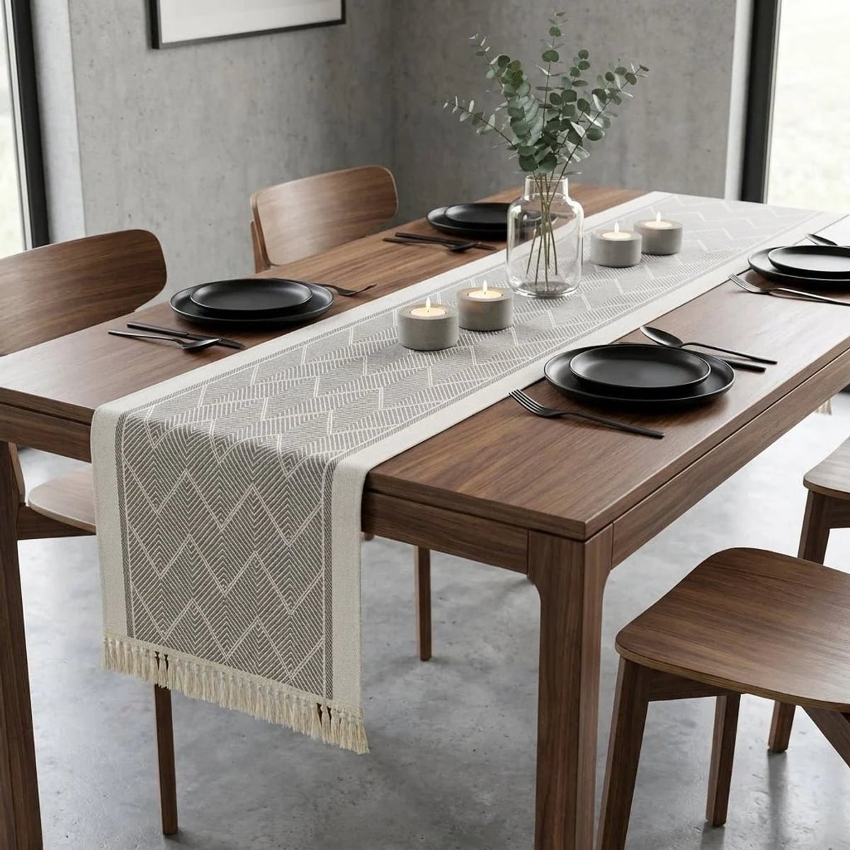 boho tassel table runner in grey