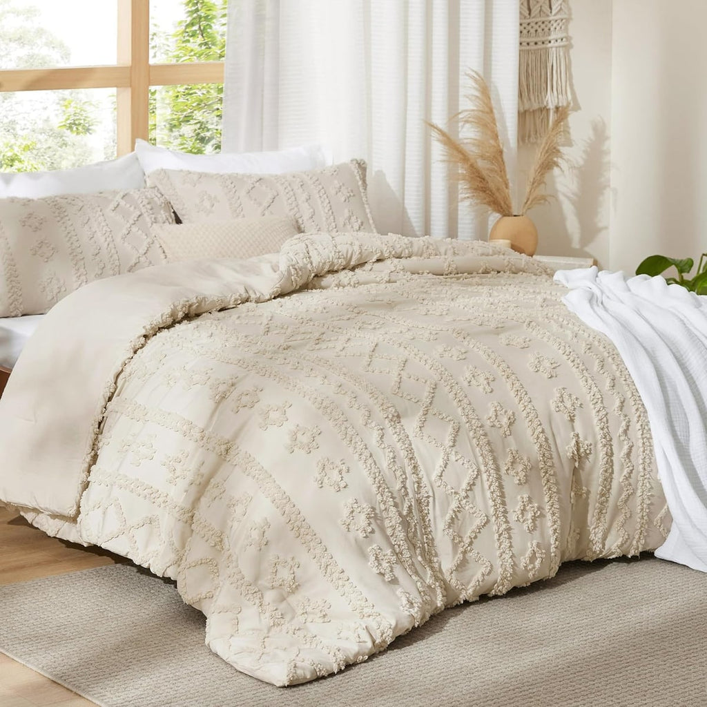 boho tufted duvet cover set in khaki