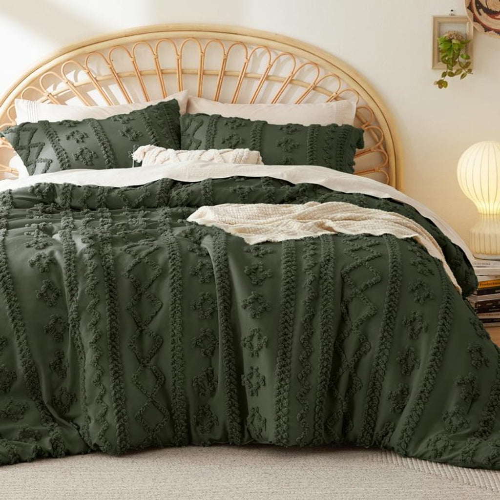 boho tufted duvet cover set in olive green