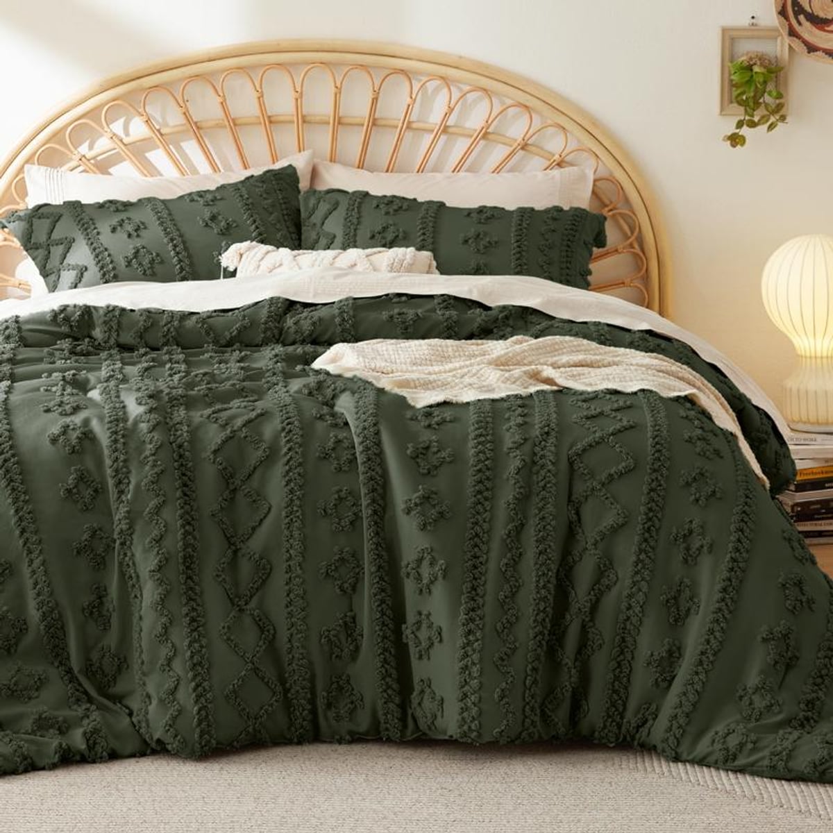boho tufted duvet cover set in olive green