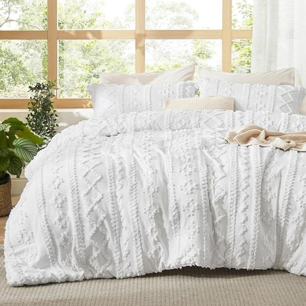 boho tufted duvet cover set in white