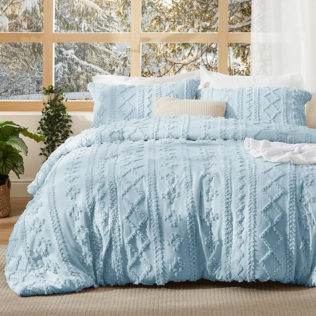 boho tufted duvet cover set in cloud blue