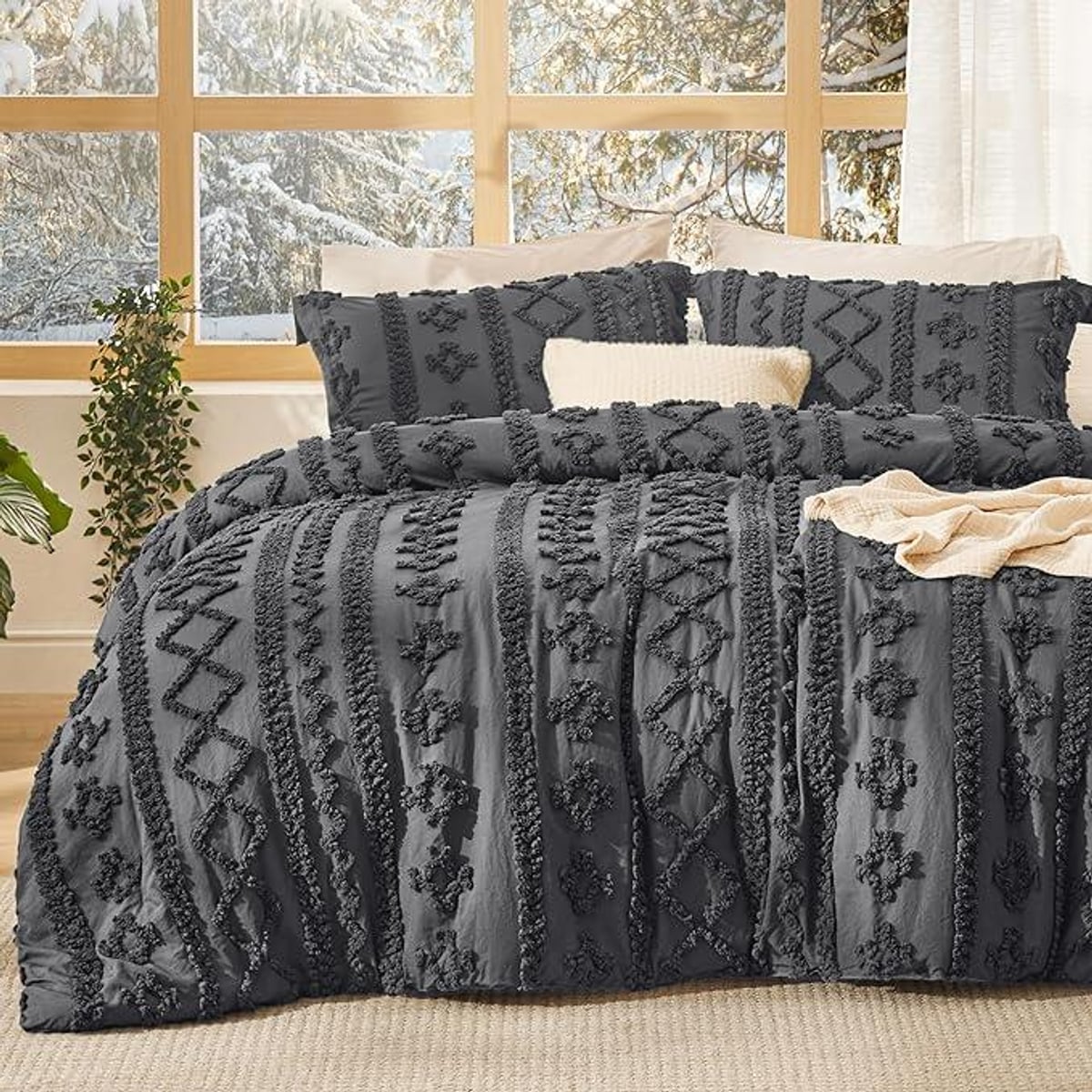 boho tufted duvet cover set in dark grey