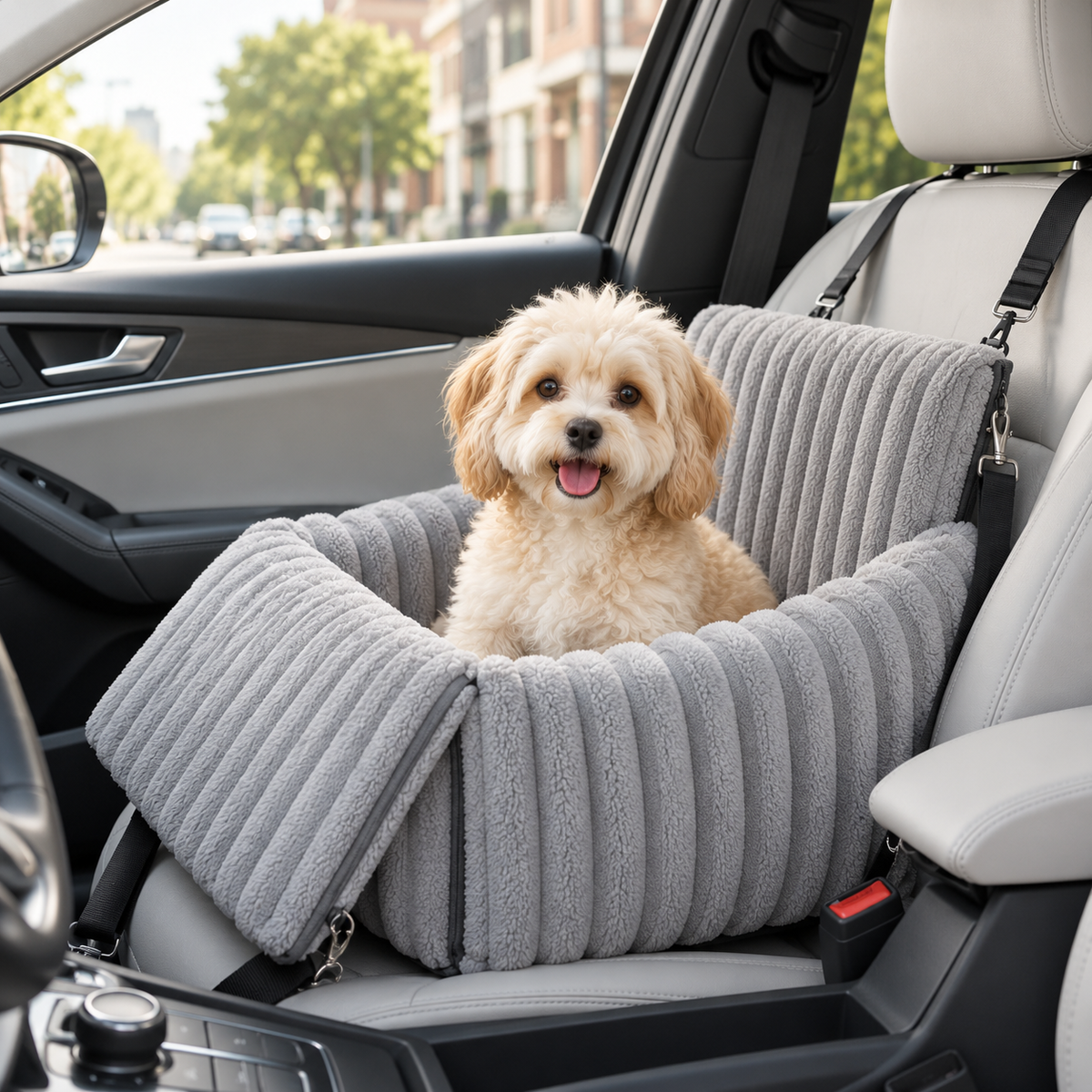 booster dog car seat with carry strap in light grey