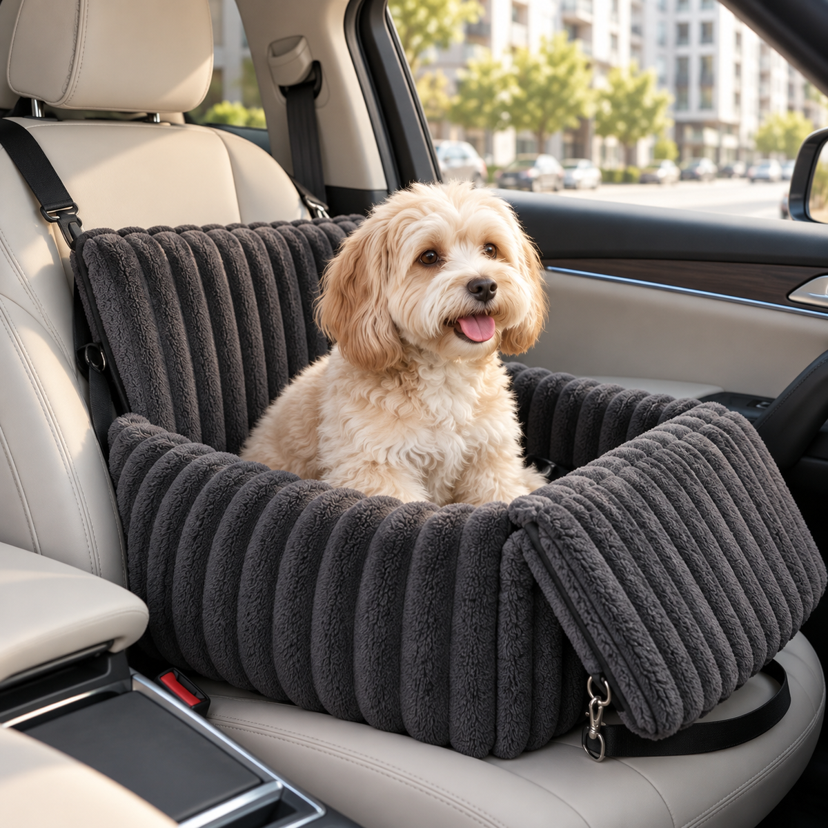 booster dog car seat with carry strap in dark grey
