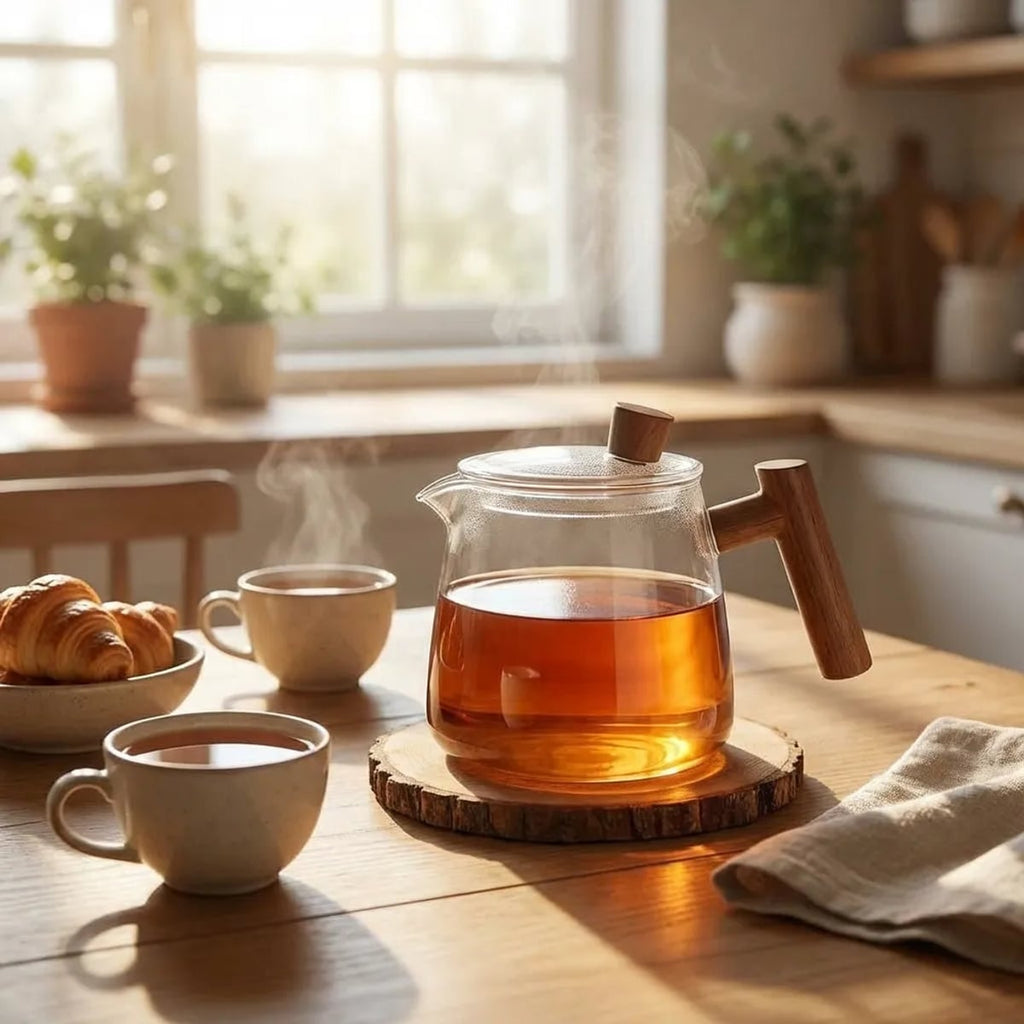 borosilicate glass teapot with infuser and wooden handle in clear