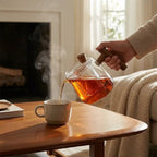 borosilicate glass teapot with infuser and wooden handle in clear