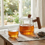 borosilicate glass teapot with infuser and wooden handle in clear