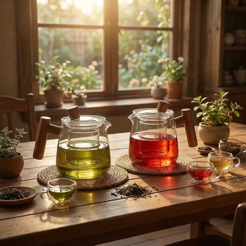 borosilicate glass teapot with infuser and wooden handle