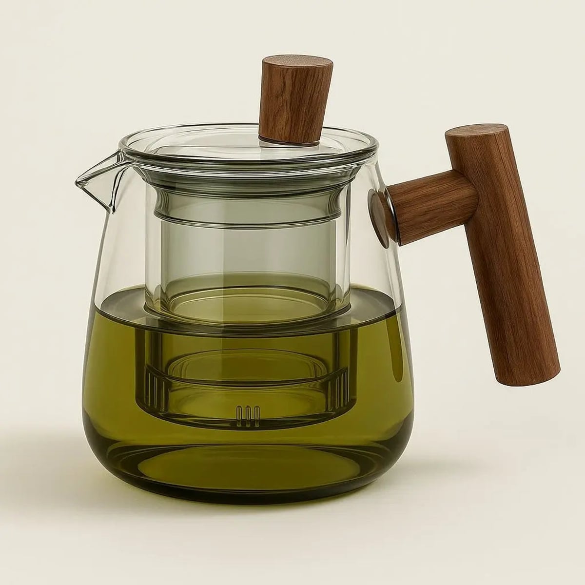 borosilicate glass teapot with infuser and wooden handle in smoky gray