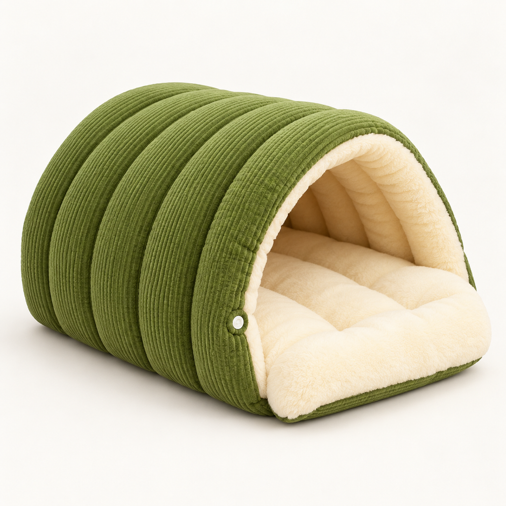 cave cat bed with padded interior in green