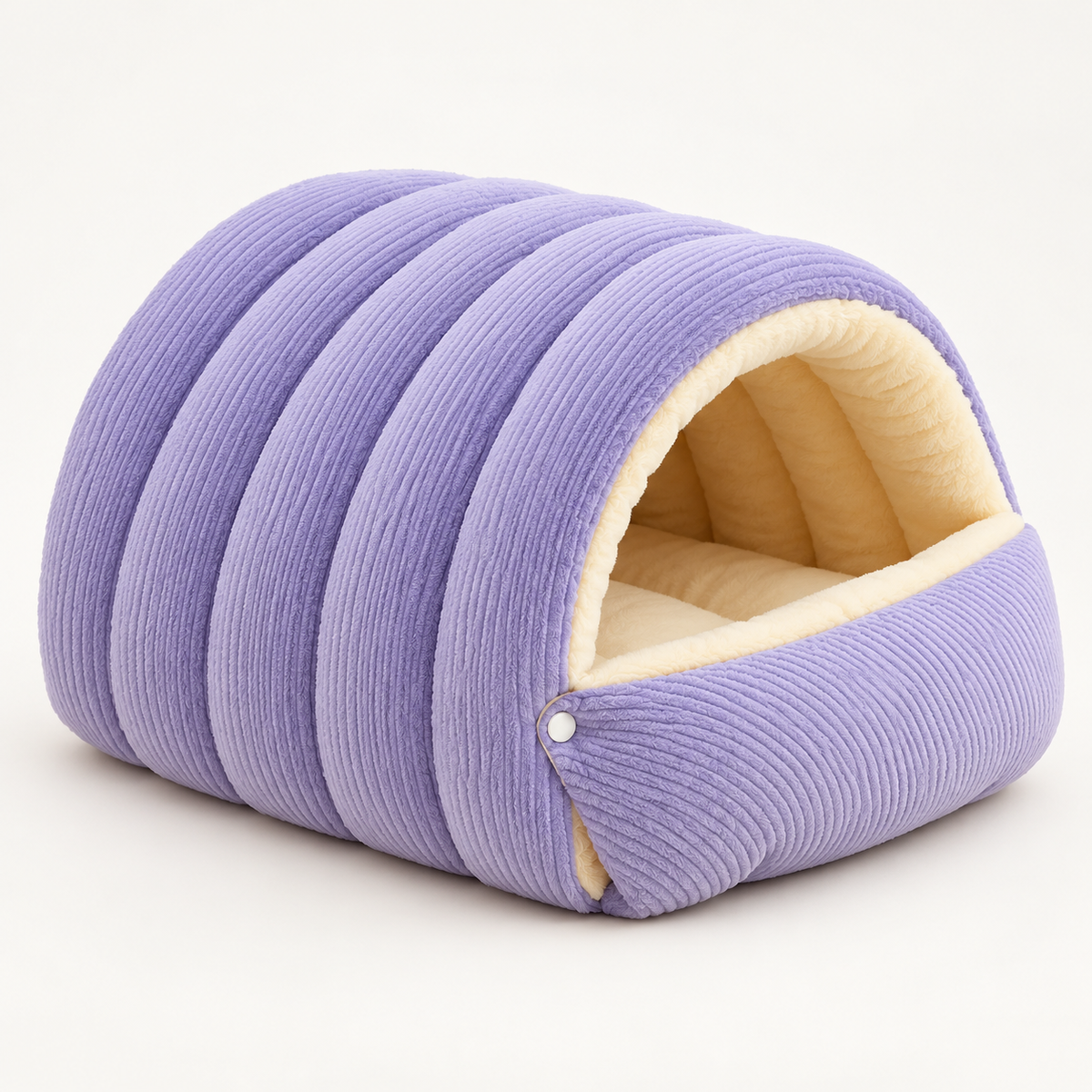 cave cat bed with padded interior in purple