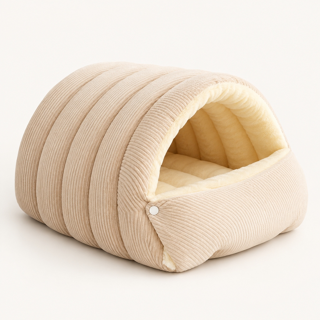 cave cat bed with padded interior in beige