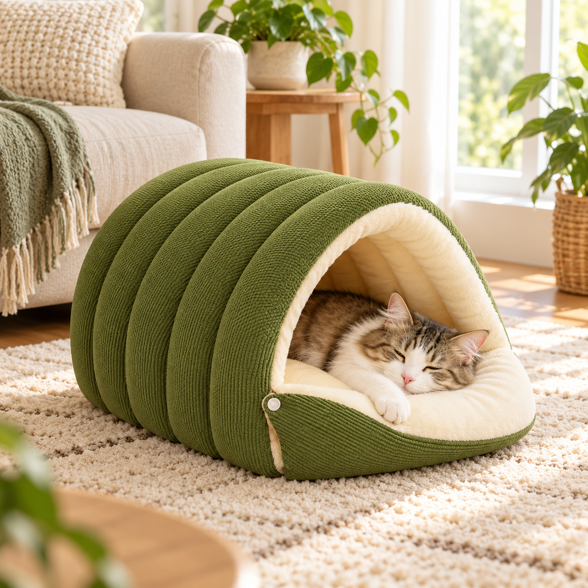 cave cat bed with padded interior in green