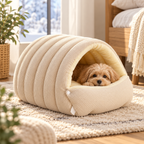 cave cat bed with padded interior in beige