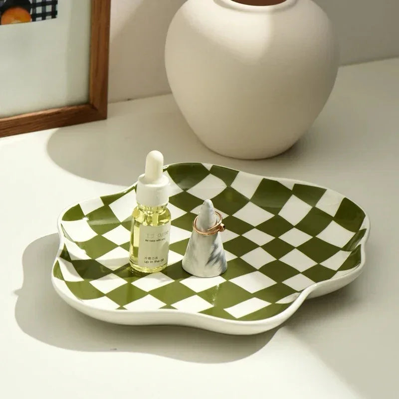 checkerboard decorative tray in olive green