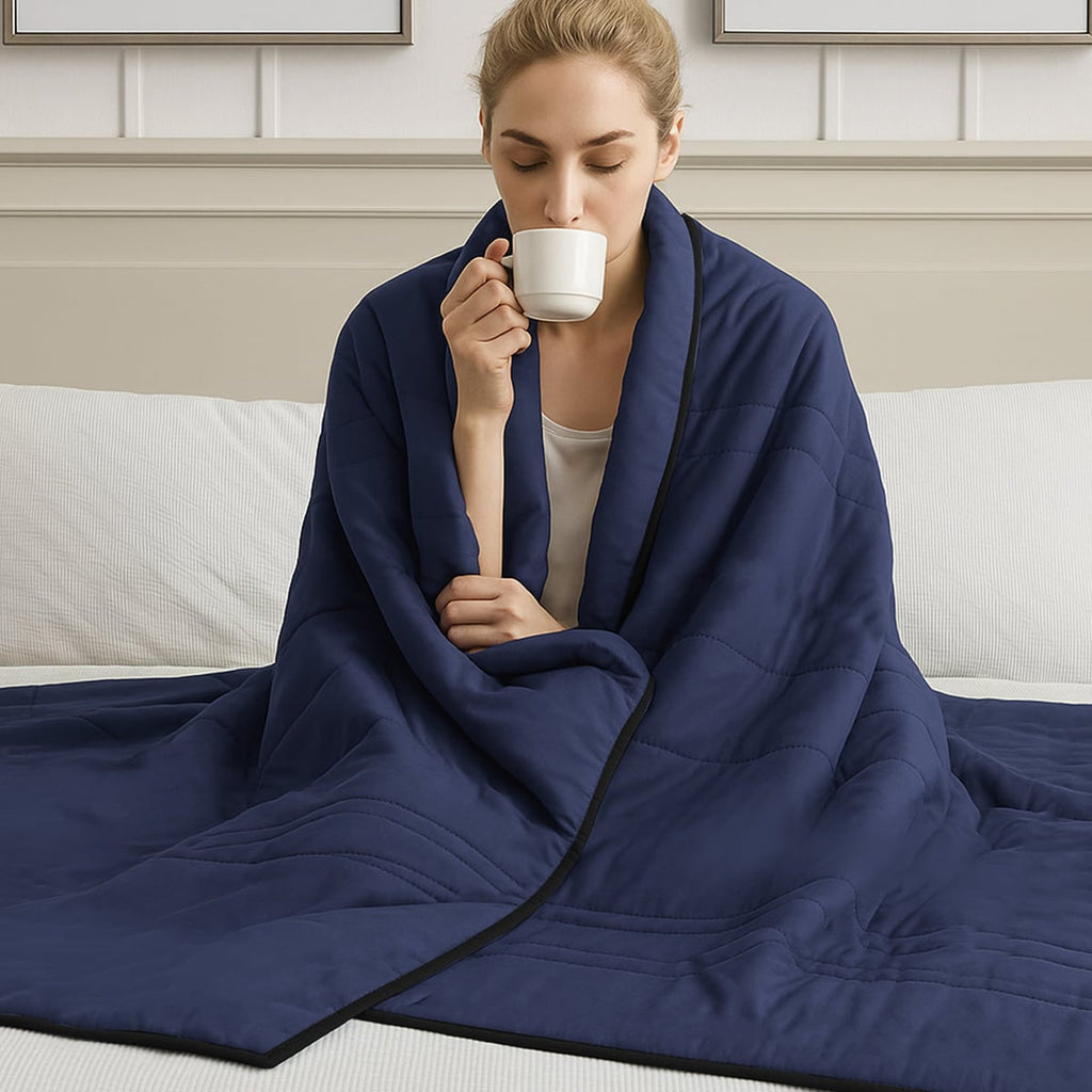 cool-touch quilted blanket in dark blue