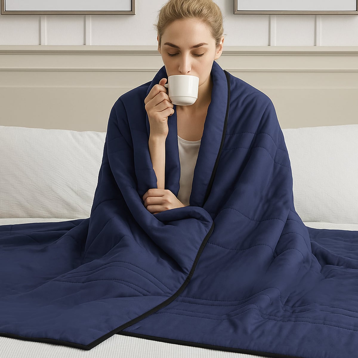 cool-touch quilted blanket in dark blue