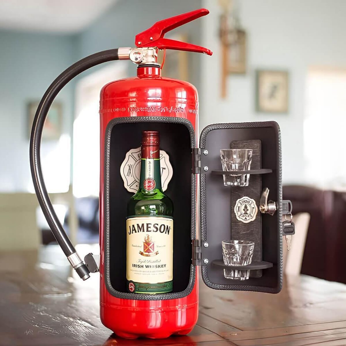 fire extinguisher minibar with shot glass holders in red