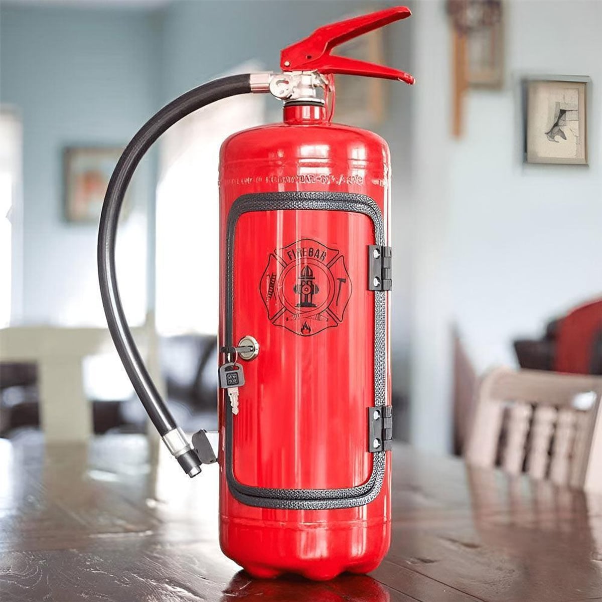fire extinguisher minibar with shot glass holders in red