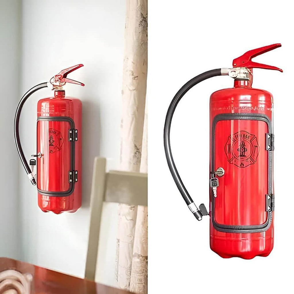 fire extinguisher minibar with shot glass holders in red