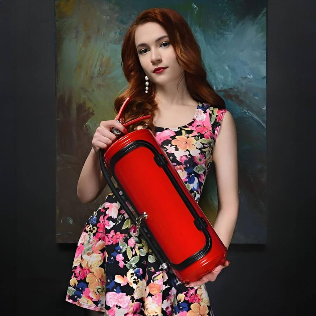 fire extinguisher minibar with shot glass holders in red