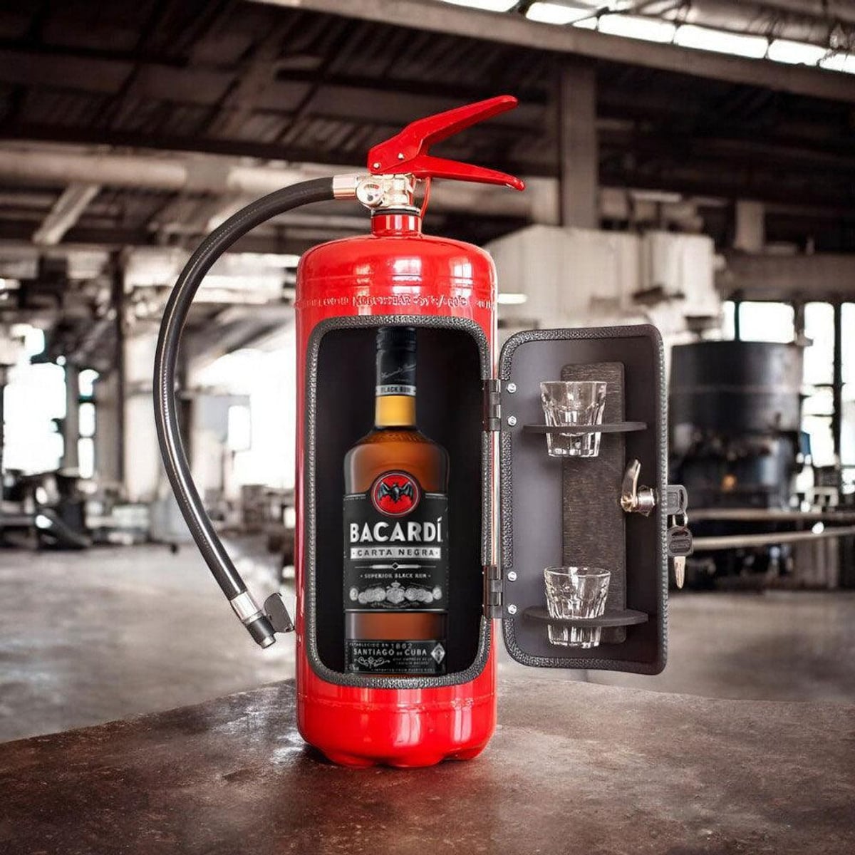 fire extinguisher minibar with shot glass holders in red
