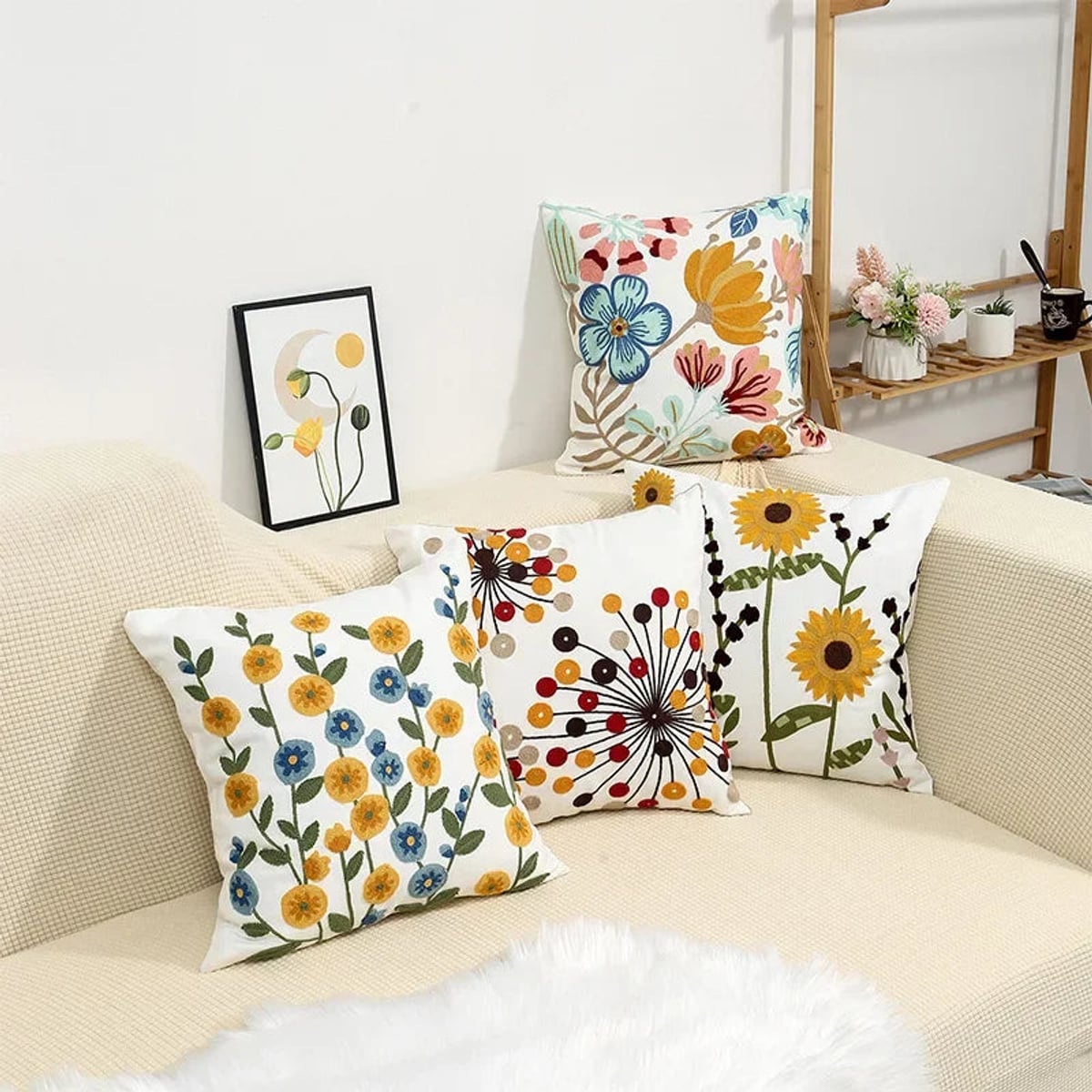 floral embroidered pillow cover